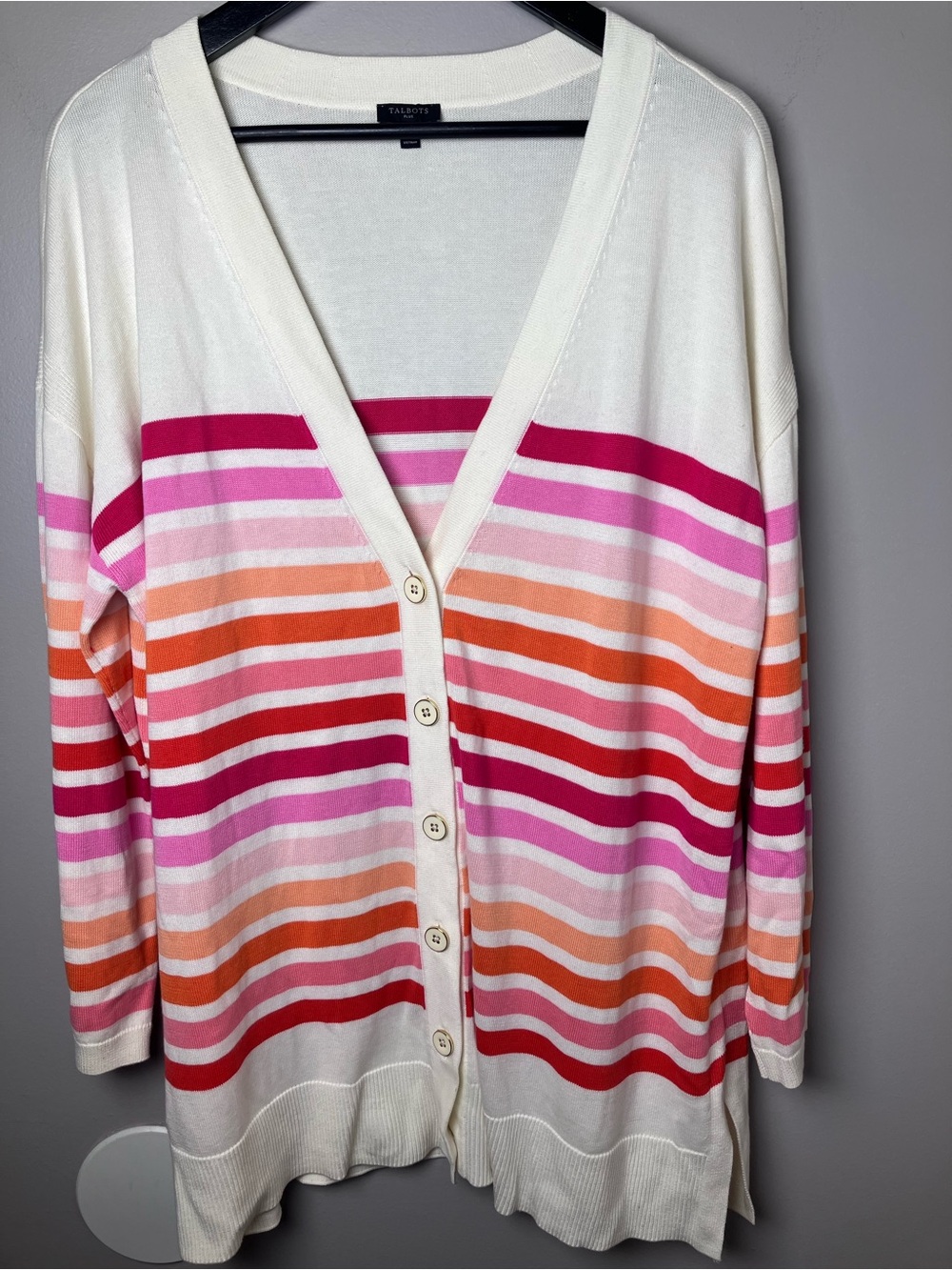 Talbots Plus 1X Striped Long Cardigan Sweater Pink Orange Cotten Blend